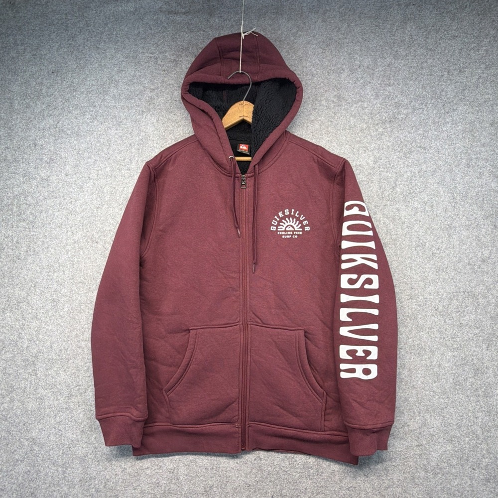 Quicksilver Hoodie Men Medium Full Zip Sherpa Lined Burgandy Y2K Surf